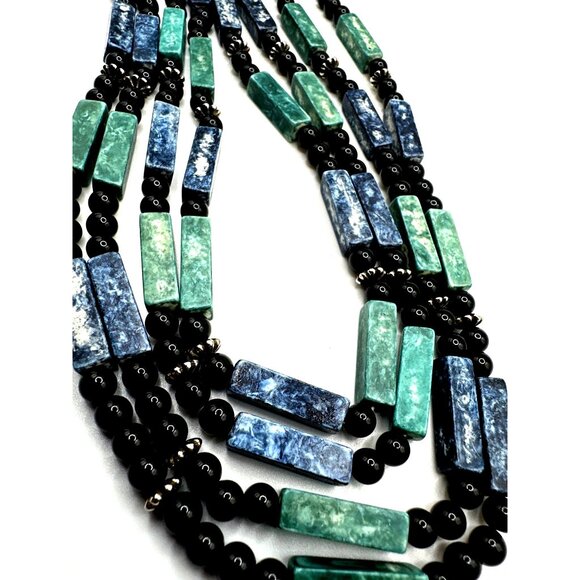 Multi Strand Boho Blue Green Boho Necklace Rectangle Shape Acrylic Beads - Picture 4 of 9